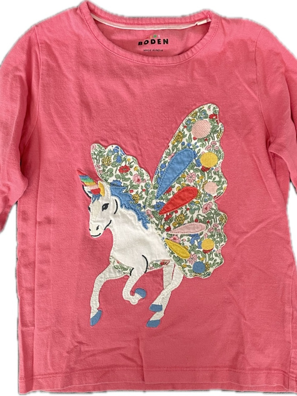 Boden Pink Long-Sleeve Top with Unicorn & Floral Wing Appliqué